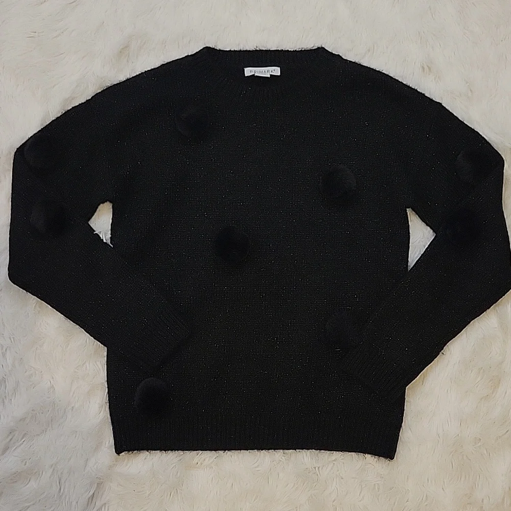 Primark Black Faux Fur Pom Pom Sparkly Sweater Girls Age 9-10 Years